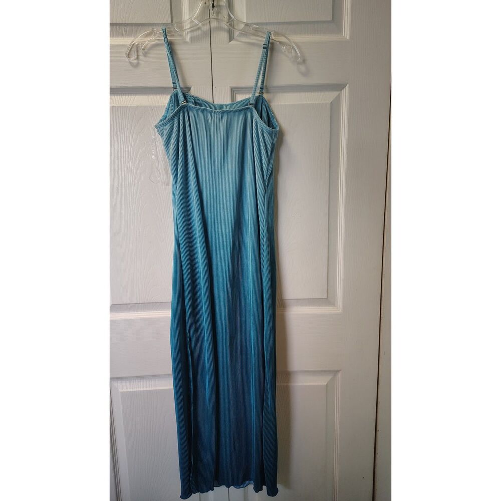 Y2K No Boundaries Ombre Plisse Slip Dress Blue Teal Ribbed Maxi Side Slit Medium